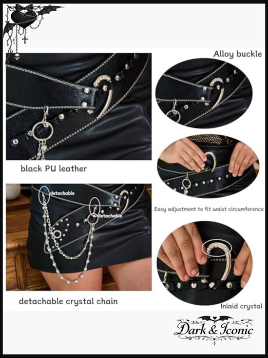 Wide Gothic Buckle Belt with Detachable Crystal Chain Punk Studs main image 6